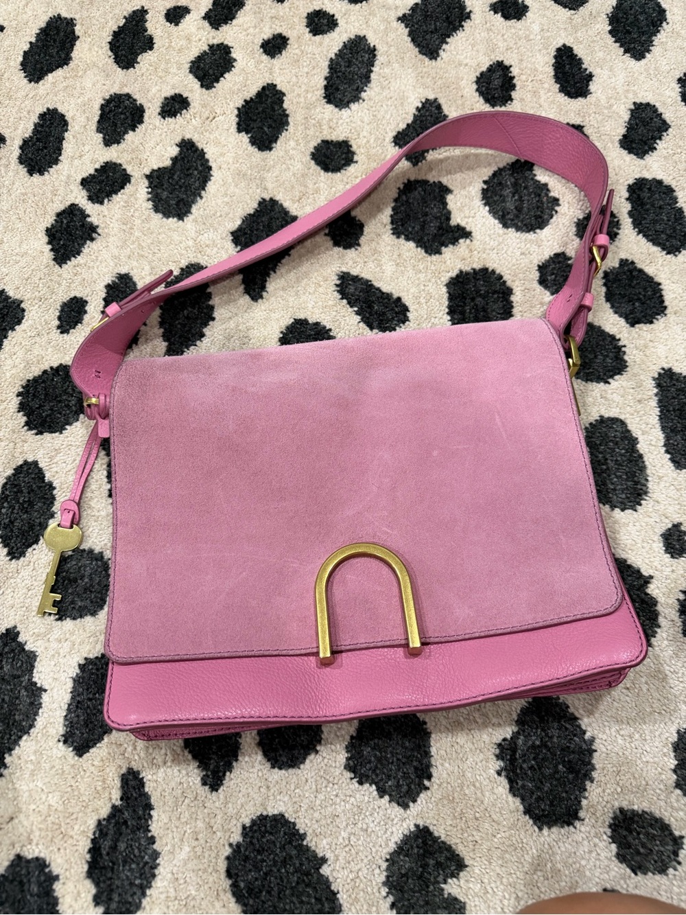 Fossil Pink Suede & Leather Shoulder Bag with Gold Accent
